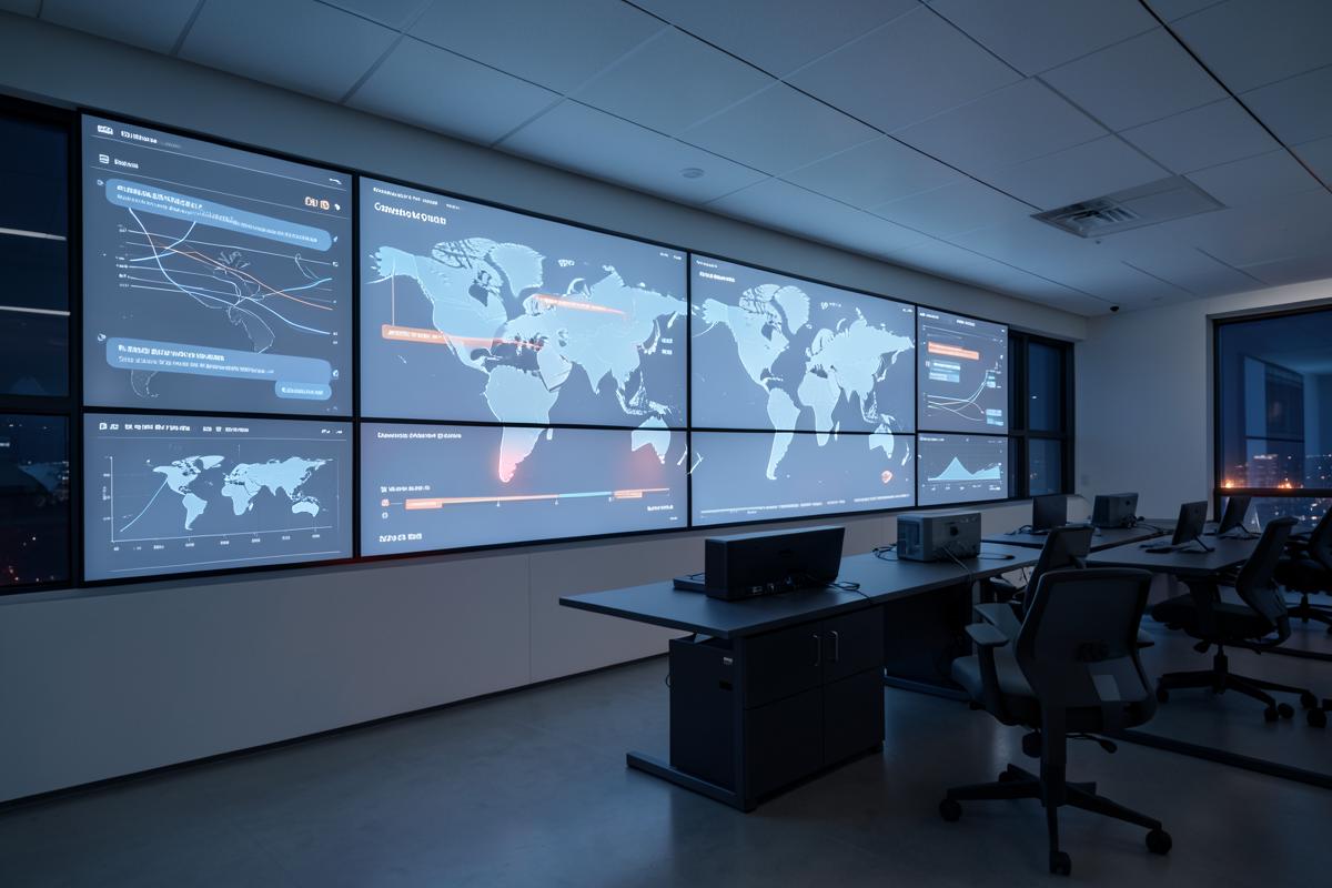 Global customer operations command center with AI monitoring displays